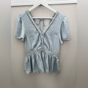 American Eagle Blue Lace Trim Peplum Top Boho Cottagecore M